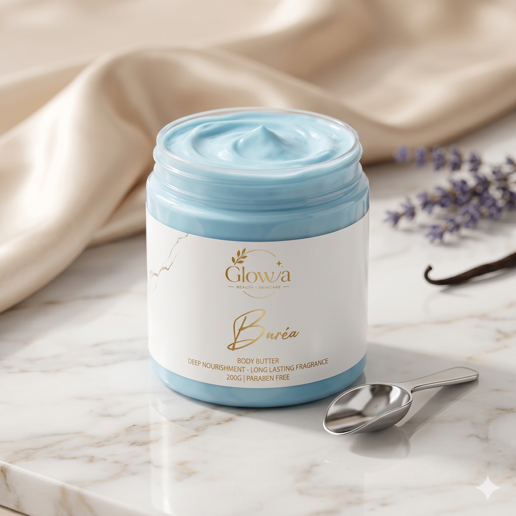 Jar of blue body butter with 'Glowa' branding on a marble surface with lavender and vanilla beans.