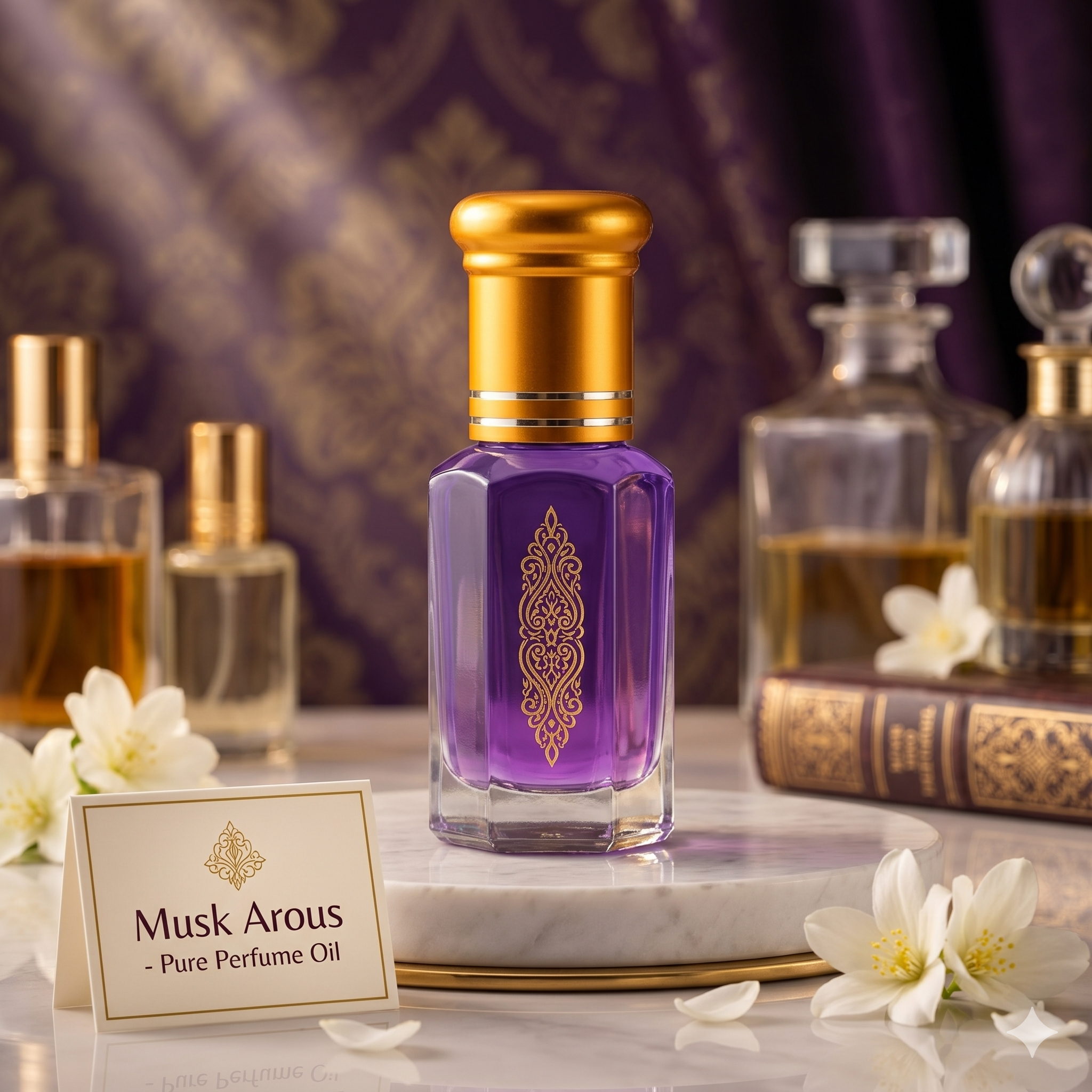 Purple perfume bottle with gold cap on a marble surface with flowers and a card in the background